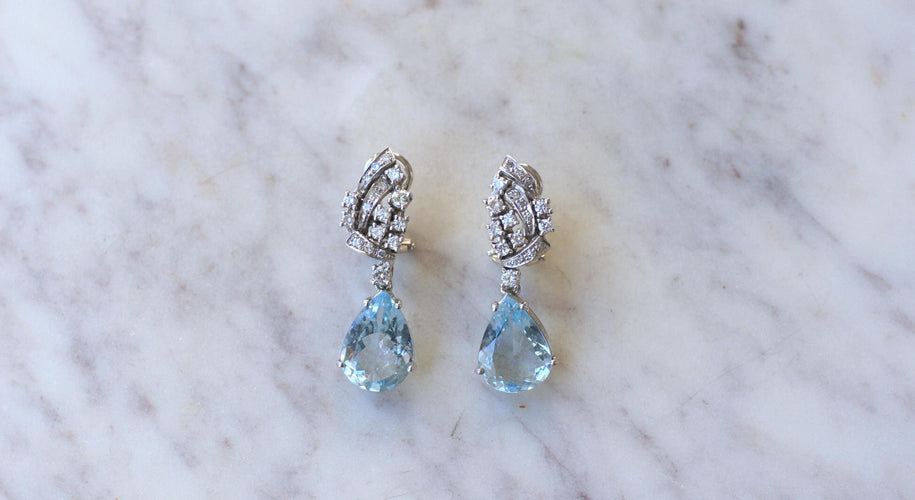 Boucles d'oreilles Boucles d'Oreilles Goutte Aigue Marine et Diamant 58 Facettes