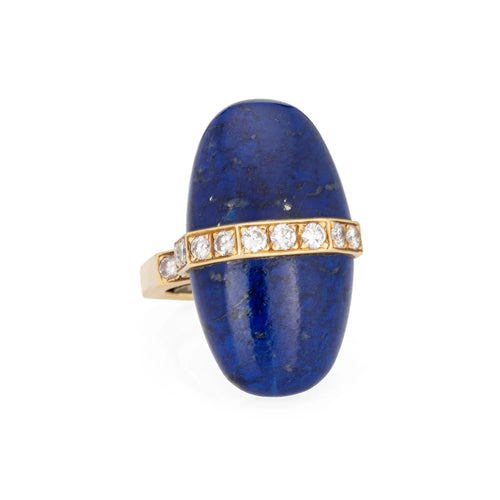 Bague Bague vintage en or jaune 18 carats avec diamants et lapis-lazuli, style abstrait, années 70, taille 5, bijoux de domaine 58 Facettes G13579