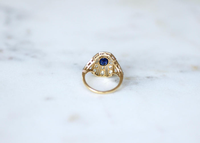 Bague 51 Bague Dôme Art Déco Or et Platine, Saphir et Diamants 58 Facettes