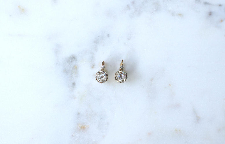 Boucles d'oreilles Dormeuses Anciennes Diamants Rose Couronnée sur Or Rose 58 Facettes