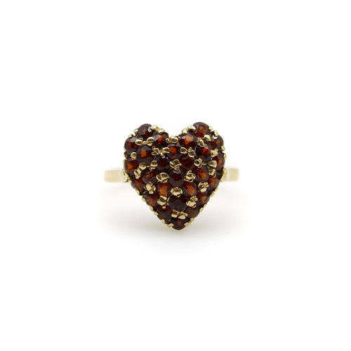 Bague vintage en or jaune avec cœur pavé de grenats