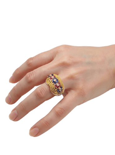 Bague 49.5 Bague vintage torche avec saphirs, rubis et diamants en or blanc et jaune 18 kt 58 Facettes