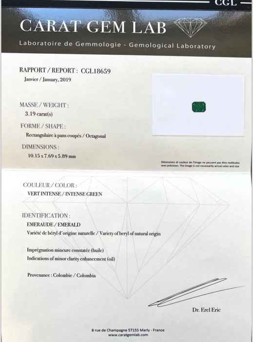 Émeraude de Colombie certifiée LFG de 3,19 carats