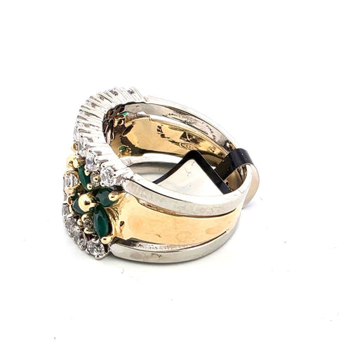 Anello fascia anni 70' oro giallo con smeraldi e diamanti 58 Facettes