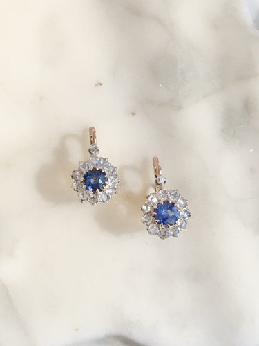 Boucles d'oreilles Boucles d’oreilles dormeuses Belle Époque en or rose, platine, saphirs et diamants 58 Facettes