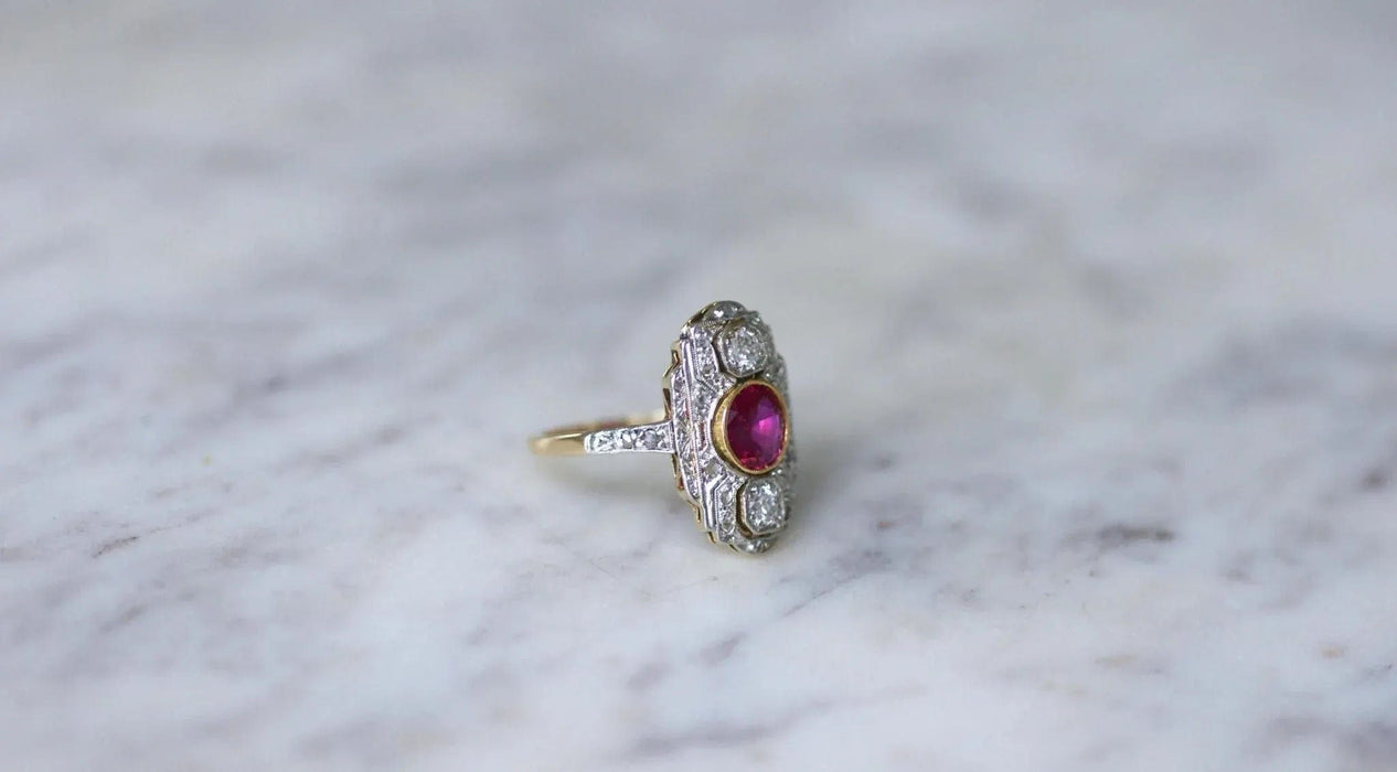 Bague Marquise Art Déco Rubis Birman et Diamants