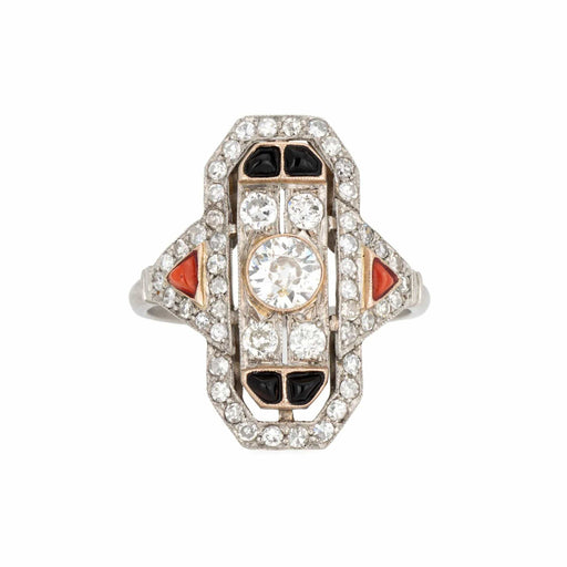 Bague 61 Bague Art Déco vintage en diamant, corail, onyx et platine 58 Facettes G13576