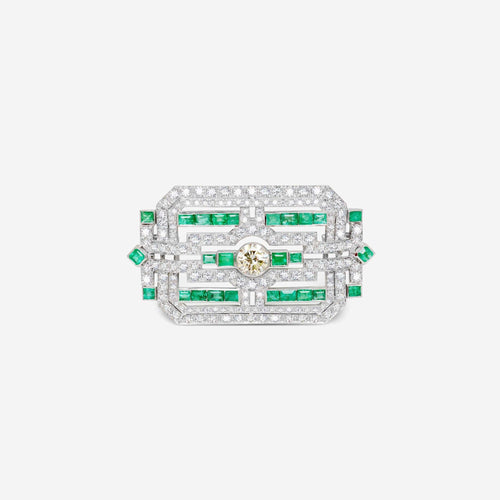 Broche Broche vintage en or blanc, diamants et émeraude (1930) 58 Facettes 22635