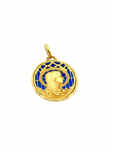 Pendentif Médaille religieuse ancienne en or jaune et émail bleu 58 Facettes