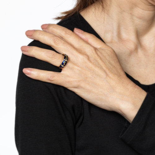 Bague Bague vintage en or jaune 18 carats avec fleur en émail, taille 6,25, bande de diamants, bijoux fins 58 Facettes G13900