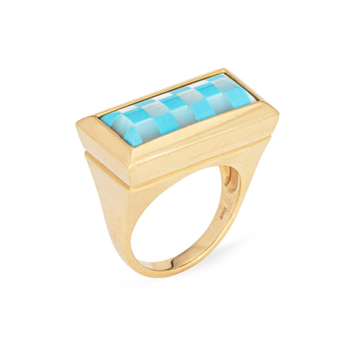 Bague 54 Bague damier en or jaune incrustée de turquoise 58 Facettes G13964