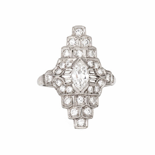 Bague 49 Bague de cocktail vintage Art déco en diamants, platine, navette, fine 58 Facettes G14077