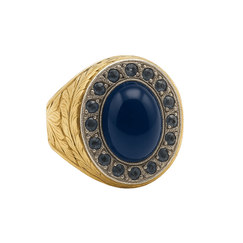 Bague 53 Bague en or jaune et platine avec cabochon de saphir bleu et diamants anciens 58 Facettes 50320