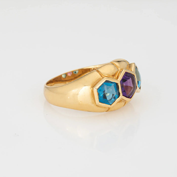 Bague vintage en or jaune avec améthyste et topaze bleue