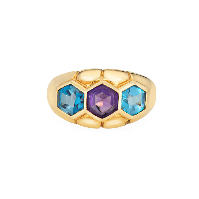 Bague vintage en or jaune avec améthyste et topaze bleue