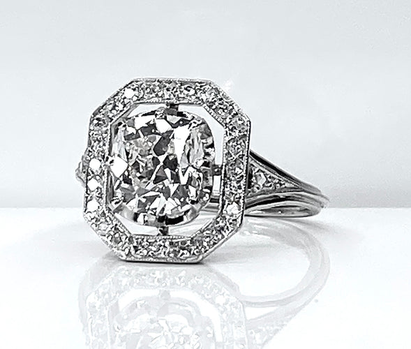 Bague 49 Bague platine Art Déco diamant coussin 1,51 carat 58 Facettes AB605