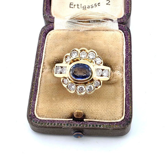 Bague 55 Bague en or jaune des années 1950 avec saphir et diamants 58 Facettes