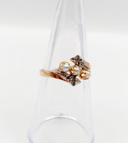 Bague antique perles et diamants taille rose en or rose 18k art nouveau