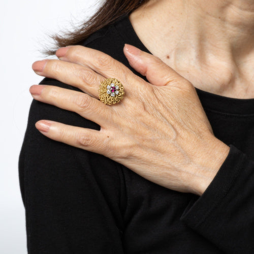 Bague 49.5 Bague vintage en or jaune 18 carats avec diamants et rubis, style années 60 58 Facettes G13995