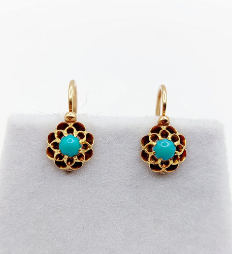 Boucles d'oreilles Dormeuses or jaune, cabochons de turquoises sur monture en fleur (circa 1900) 58 Facettes A05448