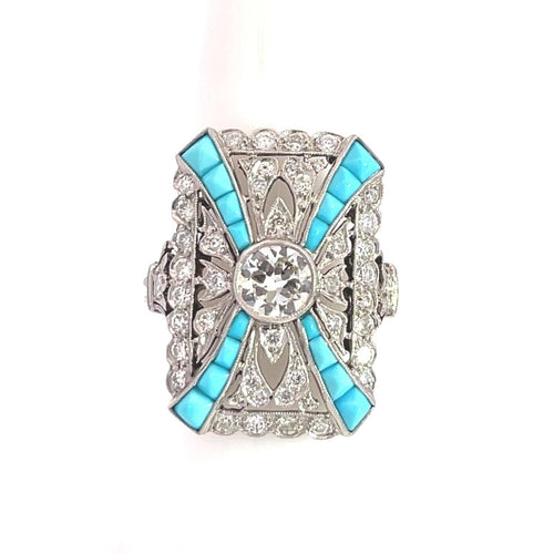 Bague 55 Platinum Art Déco Style Diamond Turquoise Ring 58 Facettes