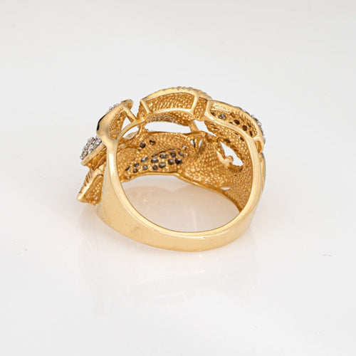 Bague Bague vintage en or jaune 14 carats avec feuilles de diamants, taille 9, large anneau cigare, bijoux fins 58 Facettes G13962