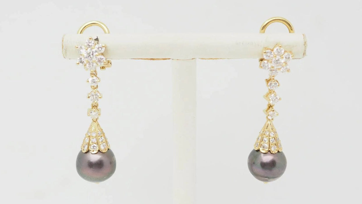 Boucles d'oreilles Boucles d'oreilles or jaune diamants perles de Tahiti 58 Facettes 32802