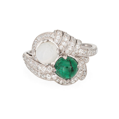 Bague 62 Bague Art déco vintage, émeraude, pierre de lune, diamant, taille 10, bijou de succession raffiné 58 Facettes G14027