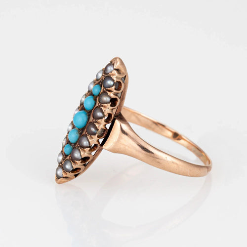 Bague Bague Navette Victorienne Antique avec Perle Turquoise en Or Jaune 10 carats Taille 5,75 58 Facettes G12477