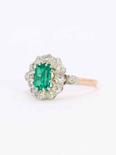 Bague 53 Bague marguerite ancienne or rose émeraude colombienne diamants 58 Facettes 1108.11