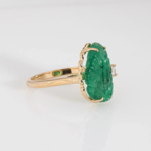 Bague 57 Bague en or jaune 18 carats avec feuille d'émeraude sculptée, taille 7,5, diamants, bijoux fins 58 Facettes G13658