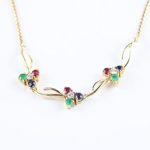 Collier Collier ras-de-cou vintage en or jaune 14 carats orné de diamants, d'émeraudes, de saphirs et de rubis 58 Facettes 159/24T