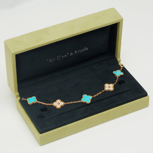 Bracelet Van Cleef & Arpels - EXTRA RARE Bracelet Vintage Alhambra 5 motifs turquoise et diamants 58 Facettes