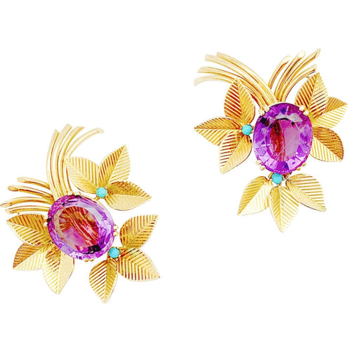 Boucles d'oreilles Boucles d'oreilles vintages, or jaune, améthystes, turquoises. 58 Facettes 31336