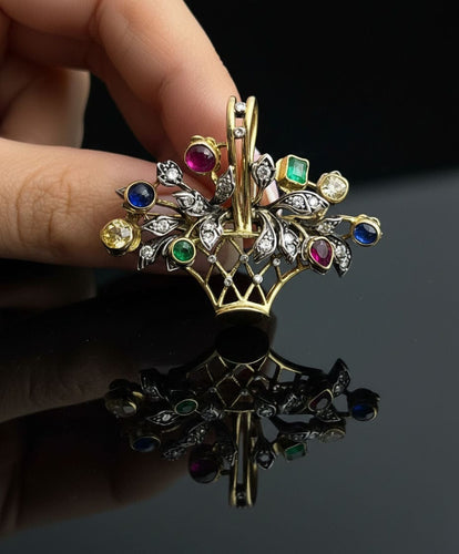 Spilla-Ciondolo a Bouquet con Diamanti e Pietre Preziose 58 Facettes