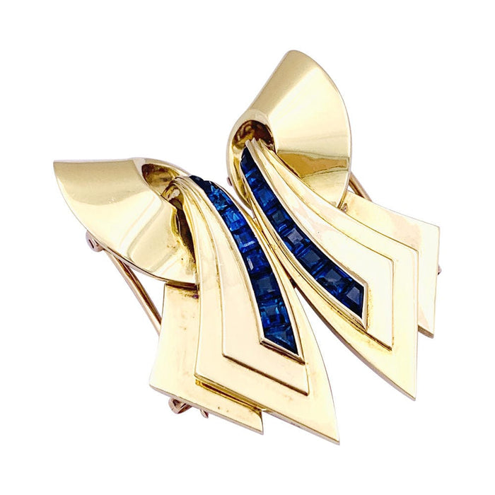 Broche Broche vintage "Ruban" double clips or rose, pierres bleues. 58 Facettes 33781