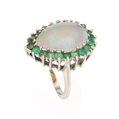 Bague Bague vintage en or blanc 14 carats avec opale et émeraude, taille poire, taille 6, bijou de domaine 58 Facettes G13608