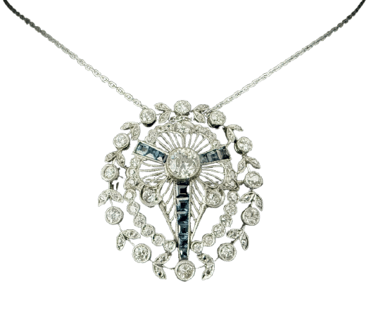 Broche/Pendentif Art Déco en platine serti de 2,80 carats de diamants et saphirs