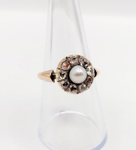 Bague 55 Bague marguerite antique en or rose 18k avec perle et diamants taille roses 58 Facettes A06463