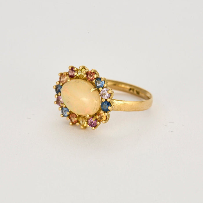 Bague or jaune, opale 5cts, saphirs multicolores