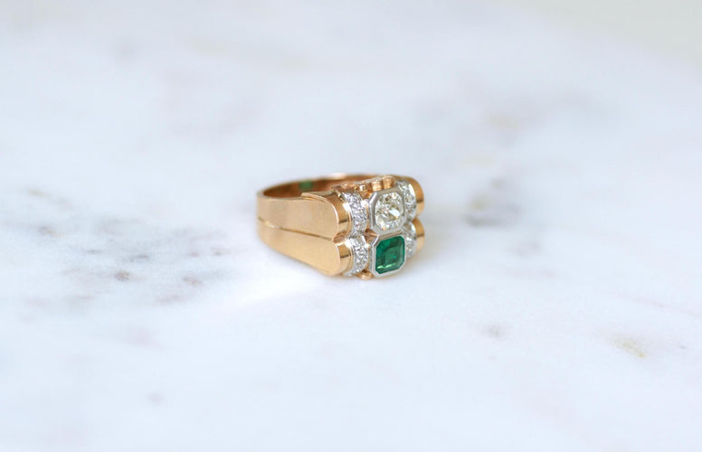 Bague 62 Bague Tank émeraude colombienne et diamants vers 1935 58 Facettes