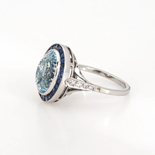 Bague Bague de fiançailles en platine avec saphir aigue-marine de 5,25 ct et diamants, 6 bijoux 58 Facettes G13367