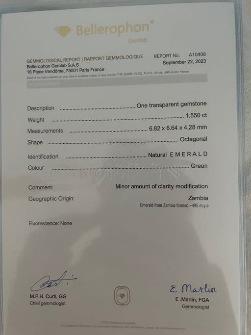 Gemstone Emeraude 1.55cts du Brésil certificat Bellérophon 58 Facettes 471
