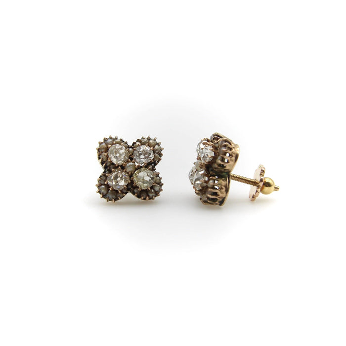 Boucles d'oreilles Boucles d'oreilles quadrilobe en or, diamants et perles taille ancienne mine 58 Facettes