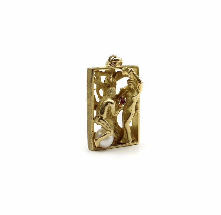 Pendentif Pendentif figuratif Adam et Eve en or avec rubis et perle 58 Facettes