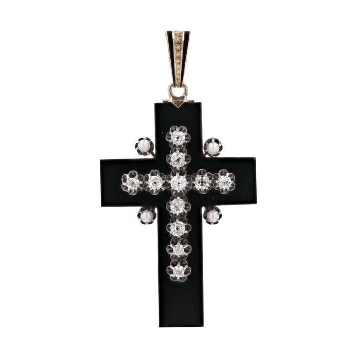 Pendentif Croix en onyx ornée de diamants et perles fines 58 Facettes 24-218