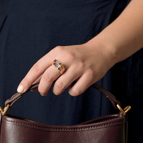 Bague 57,5 Bague moderniste en or jaune, améthyste et aigue-marine 58 Facettes SOI3467X2