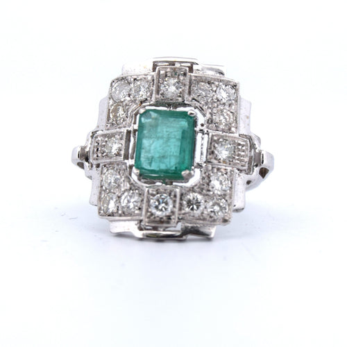 Bague Art Déco or émeraude diamants