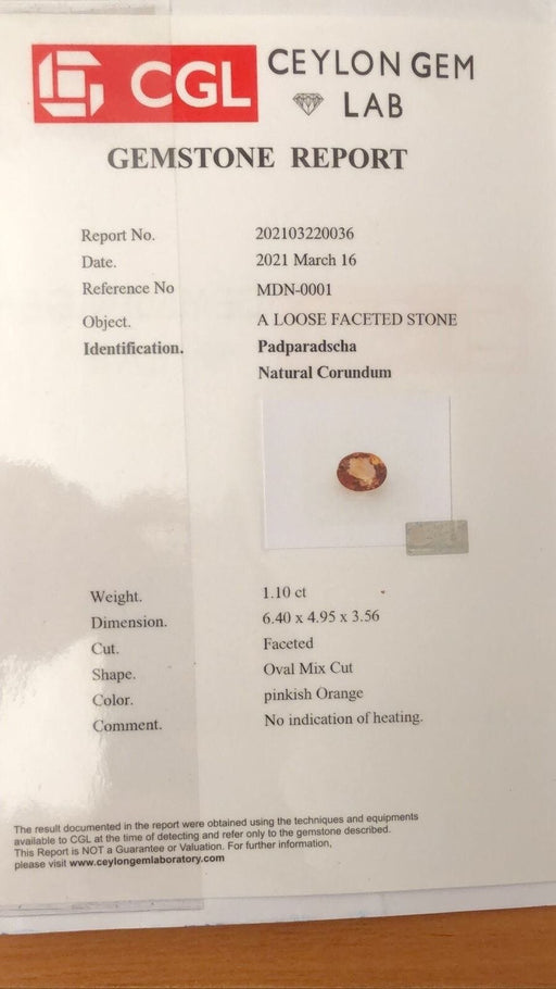 Gemstone Saphir padparadscha orange 1.10cts non chauffé certificat CGL et ALGT 58 Facettes 451