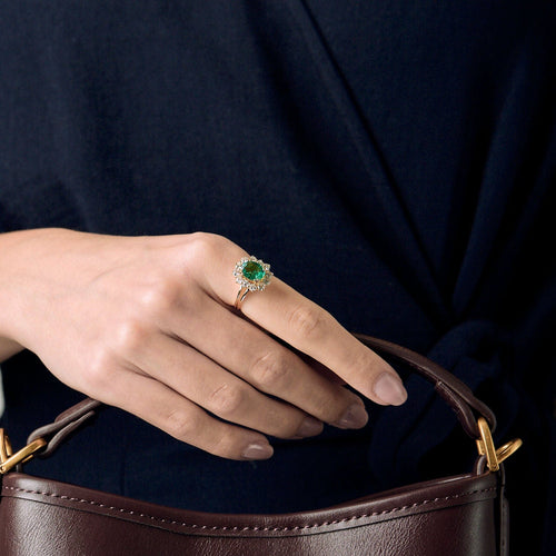 Bague Marguerite or jaune, émeraude et diamants